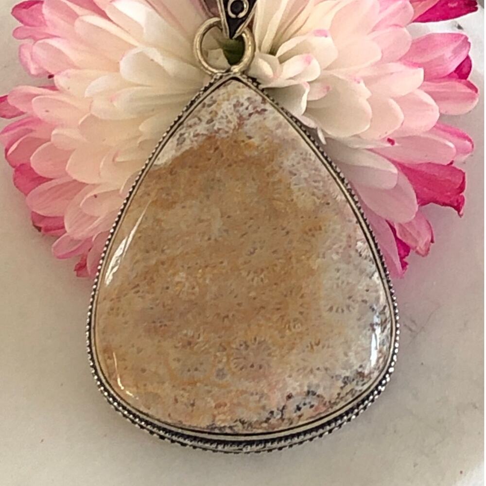 925 Sterling Fossil Coral Teardrop Pendant